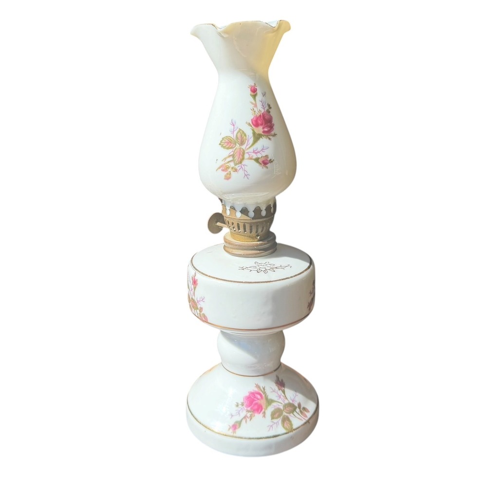 Vintage Japan Porcelain Floral Oil Lamp Pink Roses Gold Trim Hurricane Style 10" - Picture 2 of 15